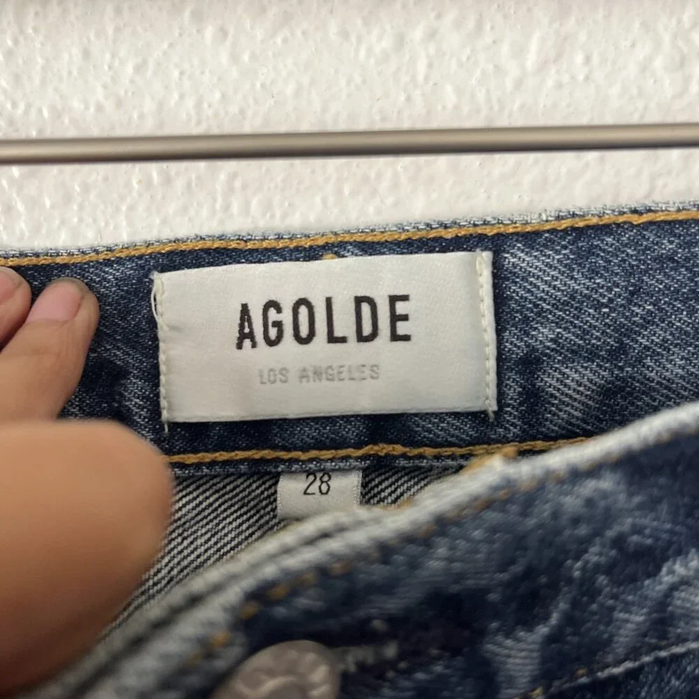AGOLDE Rumi Mid Length Denim Shorts Frayed Hem Distressed Precision Wash Sz 28 - Picture 2 of 5